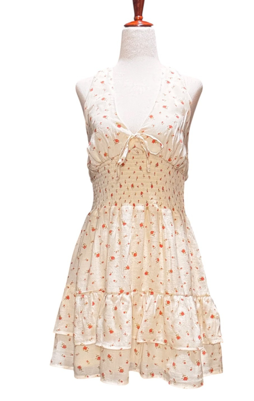 Planet Heart Floral Halter Mini Dress Large Smocked Tiered Cottagecore NWT
